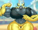 abs anthro big_breasts big_butt big_muscles breasts butt clothing clothing_pull eyewear female flexing generation_7_pokemon glasses hi_res huge_breasts huge_butt huge_hips huge_muscles hyper hyper_breasts hyper_butt legendary_pokemon muscular muscular_arms nintendo pokemon pokemon_(species) sharp_teeth solo spintopple standing teeth wide_hips zee_(notsobretheren) zeraora