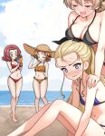  4girls @_@ aadka5 assam_(girls_und_panzer) barefoot beach bikini black_bikini blonde_hair blue_bikini blue_eyes blue_sky blush braid breast_rest breasts breasts_on_head cleavage closed_eyes cloud collarbone darjeeling_(girls_und_panzer) day drinking_straw embarrassed full_body girls_und_panzer glass hands_on_another&#039;s_shoulders hat holding large_breasts long_hair lowres multiple_girls navel ocean open_mouth orange_pekoe_(girls_und_panzer) outdoors red_bikini rosehip_(girls_und_panzer) sitting sky small_breasts smile standing sweat swimsuit thighs yuri 
