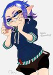  1girl bike_shorts black_shorts blue_eyes blue_hoodie breasts brown_skirt cropped_legs evil_smile hands_on_own_cheeks hands_on_own_face highres hood hood_down hoodie inkling inkling_girl inkling_player_character ohyou_wake pointy_ears round_eyewear shorts simple_background skirt smile solo splatoon_(series) tentacle_hair white_background 