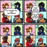 ailurid black_hair black_nose blue_clothing blue_eyes blue_hoodie blue_topwear bluetooth_headset bovid brown_body brown_fur brown_hair caprine clothing comic controller dialogue dialogue_box english_description english_text female fur furgonomic_headwear furgonomics game_controller gamer_girl gaming gaming_headset goat green_eyes hair hi_res hoodie hyena laugh laughing_at_another lemur male mammal multicolored_body multicolored_fur orange_body orange_clothing orange_eyes orange_fur orange_shirt orange_topwear playing_video_game playstation playstation_controller ponytail primate purple_camisole red_body red_clothing red_eyes red_fur red_hair red_hoodie red_panda red_topwear shaded shirt simple_background sinisterslyfox soft_shading sony_corporation sony_interactive_entertainment strepsirrhine text topwear yellow_body yellow_fur yellow_sclera