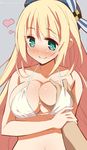  9law atago_(kantai_collection) bikini_top blonde_hair blush breast_grab breasts grabbing green_eyes grey_background guided_breast_grab hat heart highres kantai_collection large_breasts long_hair out_of_frame pov pov_hands simple_background smile solo_focus 