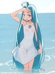  1girl absurdly_long_hair absurdres ahoge bare_shoulders blue_eyes blue_hair blue_theme blush breasts clothes_lift collarbone covered_groin covered_navel day dress dress_lift dress_ribbon english_commentary feet_out_of_frame granblue_fantasy groin hair_intakes hand_on_own_face highres lifting_own_clothes long_hair lyria_(granblue_fantasy) nipples no_panties outdoors petite see-through_clothes see-through_dress see-through_silhouette short_dress sky sleeveless sleeveless_dress small_breasts smile solo spaghetti_strap standing subscribestar_username tobias_wheller very_long_hair water wet wet_clothes wet_dress white_dress 