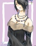 1girl artist_request bare_shoulders black_hair breasts character_name cleavage female final_fantasy final_fantasy_x fur_trim hair_over_one_eye hair_over_one_eyes jewelry lulu lulu_(final_fantasy) mole necklace solo square_enix 