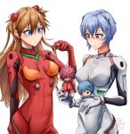  2girls alternate_breast_size_(larger) ayanami_rei blue_eyes blue_hair bodysuit breasts breasts_apart brown_hair character_doll closed_mouth commentary cowboy_shot dilan_griz doll double-parted_bangs english_commentary hair_between_eyes hair_ornament highres holding holding_doll long_hair mecha_pilot_suit medium_breasts multiple_girls neon_genesis_evangelion plugsuit_(evangelion) red_bodysuit red_eyes rei_chikita short_hair simple_background souryuu_asuka_langley white_background white_bodysuit 