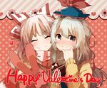  blue_hair blush brown_eyes chocolate chocolate_heart closed_eyes flower fujiwara_no_mokou grey_hair grin hat heart kamishirasawa_keine long_hair multiple_girls scarf shuzi smile touhou v valentine 