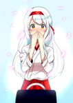  bad_id bad_pixiv_id blush cherry_blossoms covering_mouth crying crying_with_eyes_open full-face_blush hairband hand_over_own_mouth highres hirayama_toto japanese_clothes jewelry kantai_collection long_hair miko petals pov proposal ring shoukaku_(kantai_collection) silver_hair solo tears yellow_eyes 