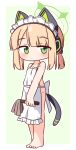  1girl absurdres animal_ear_headphones animal_ears apron barefoot blonde_hair blue_archive blush border cat_ear_headphones cat_ears closed_mouth commentary_request duster fake_animal_ears full_body green_background green_eyes green_halo halo hana_kazari headphones highres holding holding_duster looking_at_viewer maid_headdress mechanical_tail midori_(blue_archive) naked_apron outline outside_border short_hair simple_background solo standing tail white_apron white_border white_outline 