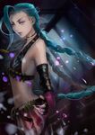  1girl blue_hair braid bullet bullets gloves hairline jinx_(league_of_legends) kisen league_of_legends lipstick makeup twintails 