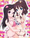  animal_ears animal_print bikini black_hair blue_eyes bracelet breast_press breasts brown_hair candy_pop_nightmare cow_ears cow_print cow_tail fingernails food food_on_face glasses hair_ornament hairclip highres himekawa_makina jewelry k10k large_breasts long_hair looking_at_viewer multiple_girls pig_ears pig_tail pink_bikini popsicle purple_eyes short_hair side-tie_bikini smile swimsuit symmetrical_docking tail wristband 