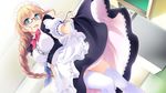  1girl astraythem blonde_hair bow bowtie braid breasts game_cg ginta glasses green_eyes hair_ribbon happy highres large_breasts legs long_hair looking_at_viewer maid maid_headdress open_mouth ribbon sakurazuka_natsuki smile solo standing thighs white_legwear 