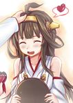  admiral_(kantai_collection) ahoge bare_shoulders blush brown_hair chocolate closed_eyes detached_sleeves double_bun hair_ornament hairband hand_on_another's_head hasaya heart highres japanese_clothes kantai_collection kongou_(kantai_collection) long_hair nontraditional_miko open_mouth petting skirt smile solo_focus 