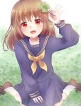  1girl :d black_skirt brown_hair brown_shoes clover four-leaf_clover highres holding holding_clover long_sleeves morokoshi_gonta neckerchief original red_eyes school_uniform serafuku shoes sitting skirt smile socks wariza white_socks yellow_neckerchief 