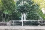  commentary concrete day fence forest harusa1107 highres nature no_humans original outdoors painting_(medium) scenery sidewalk symbol-only_commentary traditional_media tree watercolor_(medium) wooden_wall 
