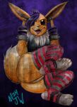  2024 absurd_res alternative_fashion anthro big_ears big_tail biped black_clothing black_gloves black_handwear black_highlights black_top bracelet brown_body brown_eyes brown_fur clothing countershade_feet countershading cuff_(restraint) ear_piercing eevee facial_piercing fangs feet female fingerless_gloves flesh_tunnel foot_focus fur gauged_ear generation_1_pokemon genitals gesture gloves hair half-shaved_head hand_gesture handwear hi_res highlights_(coloring) jewelry large_pupils lip_piercing looking_at_viewer lying middle_finger mjw_darkmode nintendo on_side open_mouth pawpads piercing pokemon pokemon_(species) pubes punk punk_hair purple_background purple_clothing purple_gloves purple_hair purple_handwear restraints signature simple_background solo solo_focus stirrup_legwear tail teeth tongue tongue_out traditional_media_(artwork) vulva wrist_cuffs 
