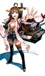  ahoge boots brown_hair cannon detached_sleeves full_body grey_eyes hand_on_hip headgear kantai_collection kongou_(kantai_collection) mecha_musume outstretched_arm pleated_skirt skirt so-bin solo thigh_boots thighhighs wide_sleeves zettai_ryouiki 