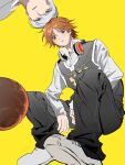  26duuuu 2boys alternate_costume arms_between_legs ball basketball_(object) basketball_jersey black_pants brown_eyes brown_hair closed_mouth grey_eyes grey_hair hanamura_yousuke headphones headphones_around_neck highres invisible_chair long_sleeves looking_at_viewer male_focus multiple_boys narukami_yu pants persona persona_4 shirt simple_background sitting white_shirt yellow_background 