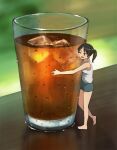  1girl barefoot black_hair blue_shorts blurry blurry_background cup drinking_glass hashi hugging_object ice ice_cube iced_tea mini_person minigirl one_eye_closed original ponytail reflective_table short_shorts shorts solo standing table tank_top tea white_tank_top 