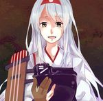  brown_eyes ecriture flight_deck gloves hair_ribbon japanese_clothes kantai_collection lowres muneate open_mouth partly_fingerless_gloves ribbon shoukaku_(kantai_collection) silver_hair single_glove smile solo yugake 