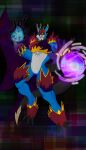 absurd_res arm_markings armor armored_boots armored_vest bandai_namco blue_body cape claws clothing colored digimon digimon_(species) digital_creature digital_drawing_(artwork) digital_media_(artwork) drybosstar ecorroxis elemental_manipulation energy_ball fake_horns fan_character fire fire_manipulation flamedramon floating gauntlets glitch_effect gloves handwear hi_res male markings mask multi_head multicolored_body muscular muscular_arms muscular_thighs scalie sharp_teeth shoulder_markings shoulder_pads simple_background solo spiked_tail spikes spikes_(anatomy) tail teeth vyle_(drybosstar) wearing_mask yellow_eyes