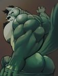  anthro back back_turned biceps big_muscles big_penis black_hair black_nose bulge butt canine cursedmarked erection fur green_fur green_nipples grey_fur hair huge_muscles looking_at_viewer looking_back male mammal mask mooning muscles nipples pecs penis pose solo standing teeth thick_penis topless undressing wolf wrestler 
