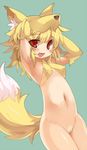  animal_ears blonde_hair blush bottomless breasts elbow_gloves fang fox_ears gloves green_background moonlight_flower navel open_mouth pussy ragnarok_online red_eyes short_hair simple_background small_breasts solo tail thighhighs tsuderou 