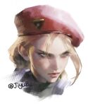  1girl blonde_hair cammy_white closed_mouth commentary english_commentary hat jiyub lips nose red_hat simple_background street_fighter twitter_username white_background 
