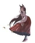  animal_ears basket black_legwear brooch brown_hair dress flower frills gathers head_wreath high_heels imaizumi_kagerou jewelry long_hair long_sleeves pantyhose red_eyes simple_background smile solo touhou very_long_hair white_background wolf_ears yamamomo_(plank) 