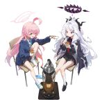  2girls absurdres ahoge black_jacket black_shirt black_skirt blue_archive blue_jacket blue_necktie blue_slippers chair collared_shirt eating english_commentary food grey_sweater halo heater high-waist_skirt highres hina_(blue_archive) hoshino_(blue_archive) huge_ahoge instant_cup_noodles jacket jacket_on_shoulders kettle korean_commentary long_hair mixed-language_commentary multilingual_commentary multiple_girls necktie on_chair pink_hair pink_halo pleated_skirt purple_eyes red_necktie school_uniform shirt simple_background single_slipper sitting skirt slippers socks sweater u.rang unworn_slippers white_background white_hair white_shirt white_socks yellow_eyes 