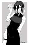  1girl alternate_costume breasts bun_cover chainsaw_man china_dress chinese_clothes choker commentary_request dress food greyscale hair_between_eyes hair_bun heart highres holding holding_food looking_at_viewer madaosw medium_breasts medium_hair monochrome reze_(chainsaw_man) sleeveless sleeveless_dress solo steamed_bun thigh_strap twitter_username 
