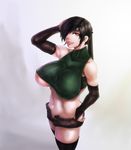  1girl black_hair black_legwear breasts elbow_gloves female final_fantasy final_fantasy_vii gloves headband huge_breasts midriff navel okai red_eyes short_hair short_shorts shorts smile solo thighhighs yuffie_kisaragi 