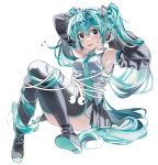  1girl arm_behind_head armpits black_boots black_skirt black_sleeves blue_eyes blue_hair blue_necktie boots bound collared_shirt convenient_leg detached_sleeves earbuds earphones flying_sweatdrops full_body grey_shirt hands_up hashtag-only_commentary hatsune_miku headphones highres knees_up long_hair looking_at_viewer midriff_peek necktie nervous open_mouth samsap shirt simple_background sitting skirt sleeveless sleeveless_shirt solo thigh_boots tied_up_(nonsexual) twintails very_long_hair vocaloid white_background 