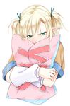  alternate_hairstyle arm_warmers blonde_hair blush covered_mouth green_eyes hair_ribbon kurokuro looking_at_viewer mizuhashi_parsee pillow pillow_hug pointy_ears ribbon shirt simple_background solo tears touhou two_side_up white_background yes yes-no_pillow 