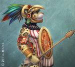  anthro armband aztec bodypaint feathers feline fur green_eyes helmet leopard loincloth male mammal necklace patterns polearm shield solo spear unconvincing_armor weapon zeta-haru 