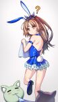  1girl ? animal_ears arknights ass bare_shoulders bluedok_(o-ni) brown_eyes brown_hair closed_mouth fake_animal_ears feather_hair from_behind grey_background highres leotard long_hair looking_back pinecone_(arknights) playboy_bunny ponytail rabbit_ears rabbit_tail simple_background solo standing standing_on_one_leg tail 
