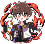  1boy belt_buckle black_gloves black_shirt bright_pupils brown_hair buckle clenched_hands commentary_request ensemble_stars! fingerless_gloves fire gloves hands_up high_collar highres jacket jewelry layered_clothes looking_at_viewer male_focus mani_(pukakaka09) morisawa_chiaki necklace open_clothes open_jacket open_mouth pocket red_eyes shirt short_hair simple_background solo star_(symbol) star_necklace teeth twitter_username upper_body upper_teeth_only white_background white_pupils zipper zipper_pull_tab 