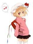  alternate_costume backpack bag blonde_hair blush eighth_note flandre_scarlet hat highres looking_at_viewer mantarou_(shiawase_no_aoi_tori) musical_note pointy_ears randoseru red_eyes simple_background skirt smile solo spoken_musical_note thighhighs touhou white_background white_legwear wings zettai_ryouiki 
