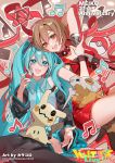  2girls :d anniversary aqua_eyes aqua_hair aqua_nails aqua_necktie arm_tattoo black_skirt black_sleeves bone brown_eyes brown_hair caracoro character_name collared_shirt commentary_request company_name copyright_notice cropped_jacket cubone detached_sleeves fingernails grey_shirt hatsune_miku headset heart highres jacket long_sleeves meiko_(vocaloid) mimikyu multiple_girls musical_note nail_polish necktie number_tattoo official_art poke_ball pokemon pokemon_(creature) project_voltage red_jacket red_nails red_skirt second-party_source shirt skirt sleeveless sleeveless_shirt smile sparkle spotlight tattoo tongue twintails vocaloid wrist_cuffs 
