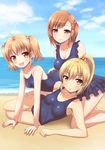  :d :o bangs bare_arms bare_shoulders beach blonde_hair brown_eyes brown_hair cloud cloudy_sky commentary_request competition_school_swimsuit day double_flare_skirt_one-piece eyebrows_visible_through_hair frilled_swimsuit frills ki_(kk-sk-ray) looking_at_viewer multiple_girls nontraditional_school_swimsuit ocean old_school_swimsuit one-piece_swimsuit open_mouth original outdoors school_swimsuit short_hair siblings sisters sky smile swimsuit 