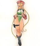  1girl beret black_boots blonde_hair blue_eyes boots braid braided_twintails breasts cammy_white covered_abs fighting_stance fingerless_gloves full_body gloves green_leotard hair_pulled_back hat holster leg_tattoo leotard long_hair low_twintails medium_breasts muscular muscular_female peach_momoko red_gloves scar signature solo standing street_fighter tattoo thigh_holster traditional_media twintails very_long_hair white_background 
