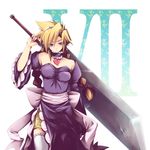  1boy blonde_hair blue_eyes boxers braid choker cloud_strife crossdressing dress final_fantasy final_fantasy_vii heart huge_weapon long_hair male male_focus purple_dress shima_chiyo solo sword thighhighs underwear weapon white_legwear 