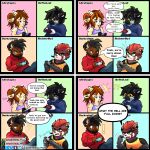 ailurid black_hair black_nose blue_clothing blue_eyes blue_hoodie blue_topwear bluetooth_headset bovid brown_body brown_fur brown_hair caprine clothing comic controller dialogue dialogue_box english_description english_text female fur furgonomic_headwear furgonomics game_controller gamer_girl gaming gaming_headset goat green_eyes hair hi_res hoodie hyena lemur male mammal multicolored_body multicolored_fur orange_body orange_clothing orange_eyes orange_fur orange_shirt orange_topwear playing_video_game playstation playstation_controller ponytail primate purple_camisole red_body red_clothing red_eyes red_fur red_hair red_hoodie red_panda red_topwear shaded shirt simple_background sinisterslyfox soft_shading sony_corporation sony_interactive_entertainment strepsirrhine text topwear yellow_body yellow_fur yellow_sclera