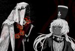  1boy 1girl black_background charon_(project_moon) charon_(reverse:1999) coat dress flower greyscale hat highres hyojin_en limbus_company looking_at_another low_twintails monochrome name_connection object_head poppy_(flower) project_moon red_flower reverse:1999 shako_cap spot_color twintails upper_body 