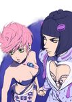  1girl black_hair bob_cut bruno_buccellati chocolate_sable green_eyes jojo_no_kimyou_na_bouken pink_hair short_hair trish_una 