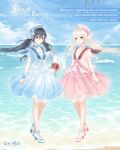  2girls artist_request bare_legs black_hair blonde_hair blue_bow blue_choker blue_ribbon blue_sailor_collar blue_shirt blue_shoes blue_skirt blue_sky blue_wrist_cuffs bow bow_choker bowtie brown_eyes character_name choker closed_mouth cloud copyright_logo crescent_print day dot_nose english_text eyelashes floating_hair footwear_bow frilled_choker frilled_shirt frilled_skirt frilled_wrist_cuffs frills full_body hair_between_eyes hair_ribbon happy hat hat_bow high-waist_skirt high_heels holding holding_swim_ring island knees lifebuoy light_blush light_particles logo long_hair looking_at_viewer low_twintails medium_skirt miracle_nikki moon_phases moon_print multiple_girls nikki_(series) ocean official_art outdoors pink_bow pink_bowtie pink_choker pink_skirt pleated_skirt print_skirt puffy_short_sleeves puffy_sleeves red_sailor_collar ribbon sailor sailor_collar sailor_hat shirt shoes shore short_sleeves skirt sky smile song_of_sea_breeze_(miracle_nikki) standing swim_ring tareme third-party_source twintails variations very_long_hair wavy_hair white_hat white_ribbon white_shirt white_shoes white_wrist_cuffs wind wrist_cuffs 