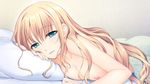  1girl areolae astraythem bed bed_sheet blonde_hair breast_press breasts game_cg ginta green_eyes highres large_breasts long_hair looking_at_viewer lying nipples nude on_stomach pillow sakurazuka_natsuki smile solo 