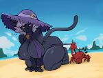 2024 anthro arthropod beach bell bell_collar big_breasts bikini black_body black_fur black_nose bracelet breasts butt clothing clothing_pull cloud collar crab crescent_(shape) crustacean decapod domestic_cat felid feline felis female fur hair hat headgear headwear hi_res huge_breasts jewelry malacostracan mammal nemo_(simplifypm) one-piece_swimsuit pokebraix purple_eyes sand seaside sky sling_bikini solo swimwear thick_thighs two-piece_swimsuit wardrobe_malfunction water white_hair wide_hips yellow_sclera