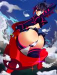  ass bbr_brbr black_hair blue_eyes boots dust_cloud fang grin hairpods high_heel_boots high_heels highres kill_la_kill matoi_ryuuko miniskirt multicolored_hair neon_trim over_shoulder panties red_hair scissor_blade senketsu short_hair skirt smile solo thigh_boots thighhighs thong two-tone_hair underwear upskirt weapon weapon_over_shoulder white_panties 