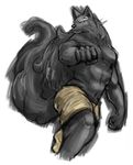  ??? anthro biceps big_muscles big_tail black_fur black_nose blue_eyes canine captainjohkid clothing facial_hair fur grey_hair hair kemono looking_at_viewer male mammal muscles pecs plain_background pose shorts solo standing toned topless white_background wolf 