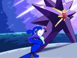 2025 4:3 absurd_res ambiguous_gender black_eyes blue_body dated duo feral generation_7_pokemon generation_9_pokemon hi_res markings mega_evolution mega_starmie nintendo pokemon pokemon_(species) popplio purple_body signature sky sleepy_sealion smile standing_on_tail star starry_sky tail whisker_markings