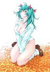  1girl absurdres blush breasts cleavage feet green_eyes green_hair hair_ribbon highres ikkitousen large_breasts legs long_hair looking_at_viewer official_art ribbon ryofu_housen shiozaki_yuji shoes simple_background sitting socks solo thighs twintails white_background 